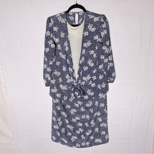Vintage Leslie Belle Navy Blue Floral Long Sleeve Modest Polyester Dress M